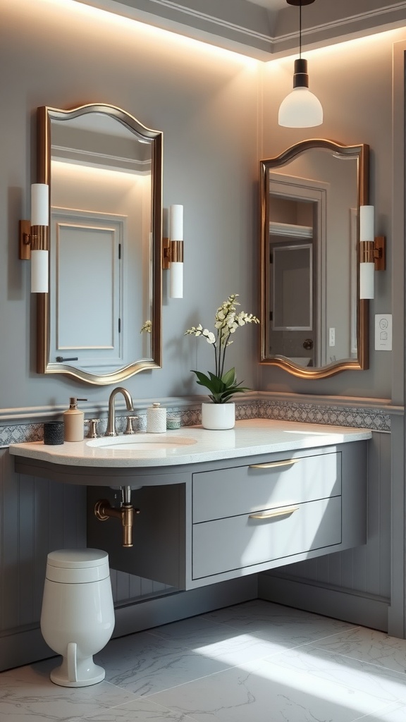 A stylish grey and white bathroom featuring elegant mirrors, modern fixtures, and a well-organized sink area.