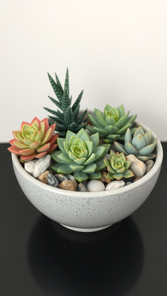 A bowl arrangement featuring various types of succulents with colorful leaves and pebbles.