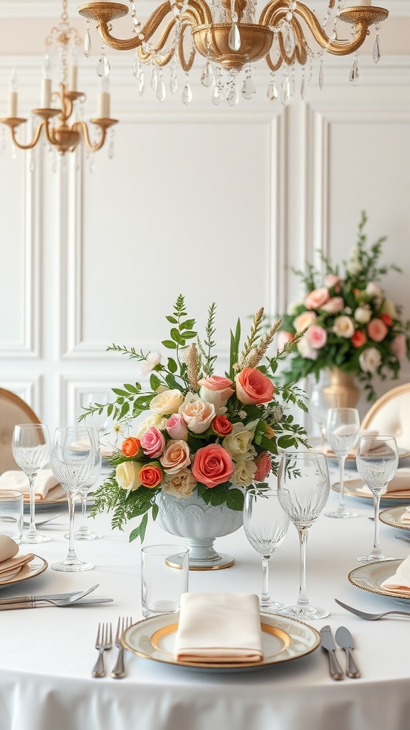 Elegant wedding table setting with floral centerpiece and fine tableware.