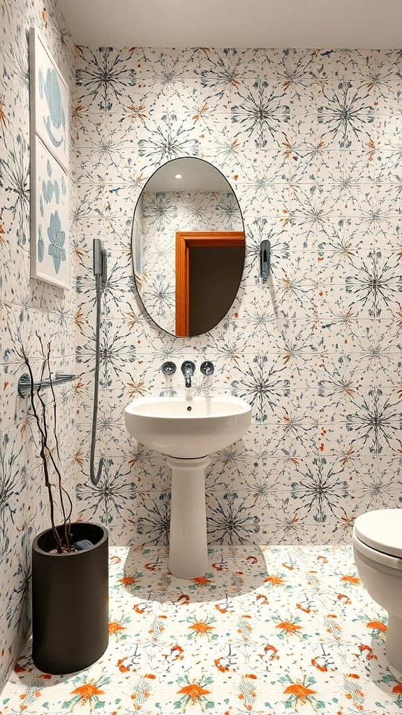 A stylish bathroom featuring vibrant terrazzo tiles with floral patterns on the floor and walls.