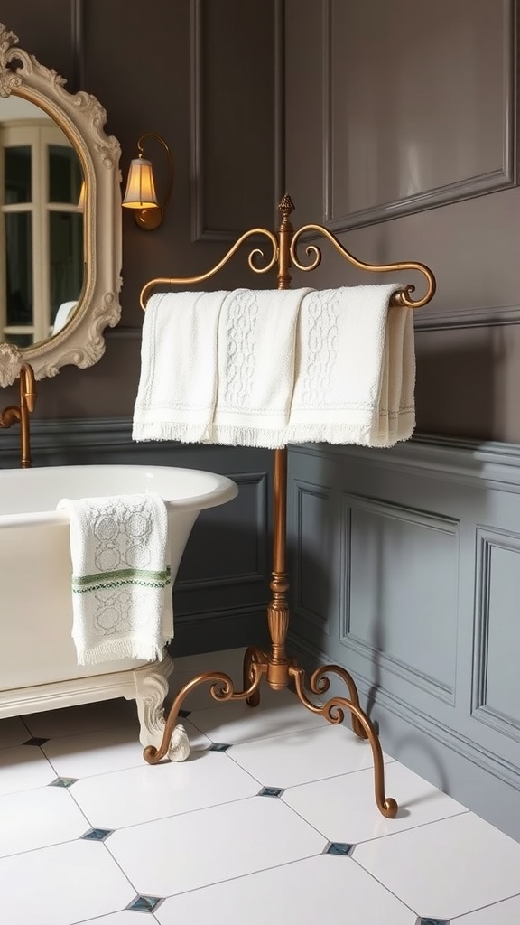 An elegant towel rack holding white towels in a Victorian bathroom setting