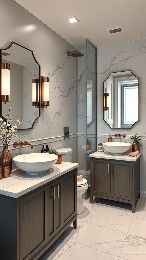 A modern bathroom featuring elegant vessel sinks on a stylish countertop with dark cabinetry and warm lighting fixtures.