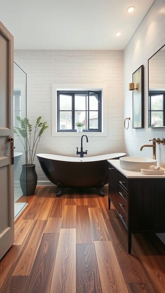 Stylish bathroom with elegant vinyl planks, black freestanding tub, and modern fixtures.