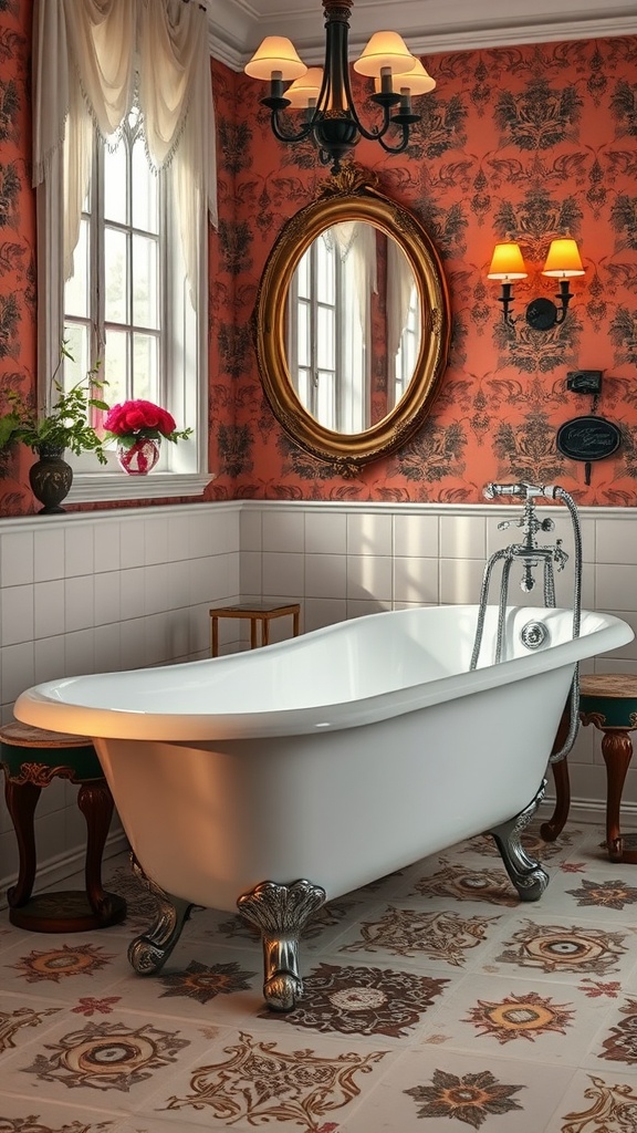 A Victorian bathroom featuring a white clawfoot bathtub, coral wallpaper, decorative mirror, and elegant lighting.