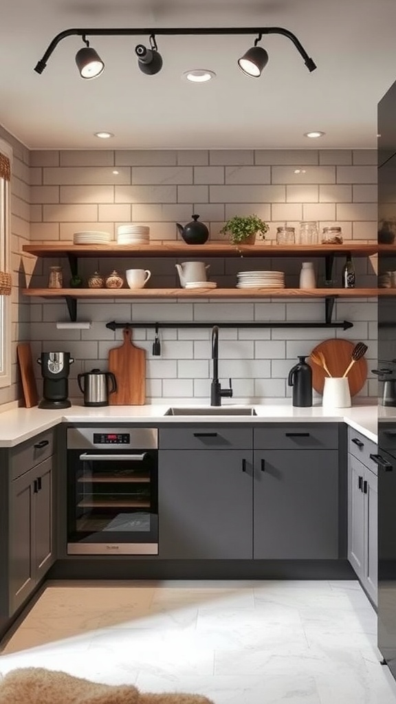 A modern compact kitchen with dark cabinetry, white countertops, and open shelving.