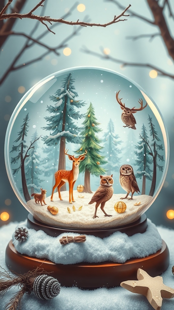 A beautifully crafted snow globe featuring a winter woodland scene with animals like deer and owls among snow-covered trees.