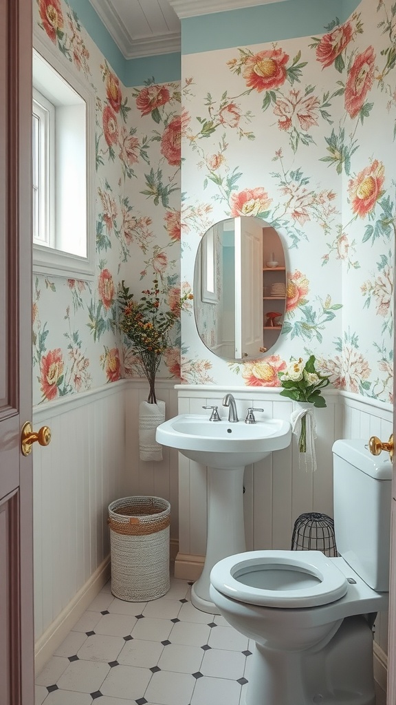 Bathroom with floral wallpaper, a round mirror, and plants