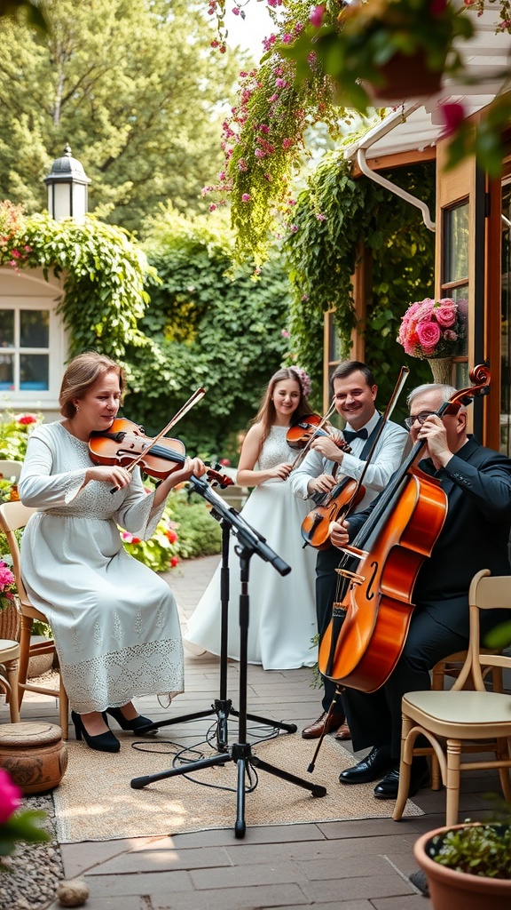 A string quartet performing in a lush garden setting filled with flowers.