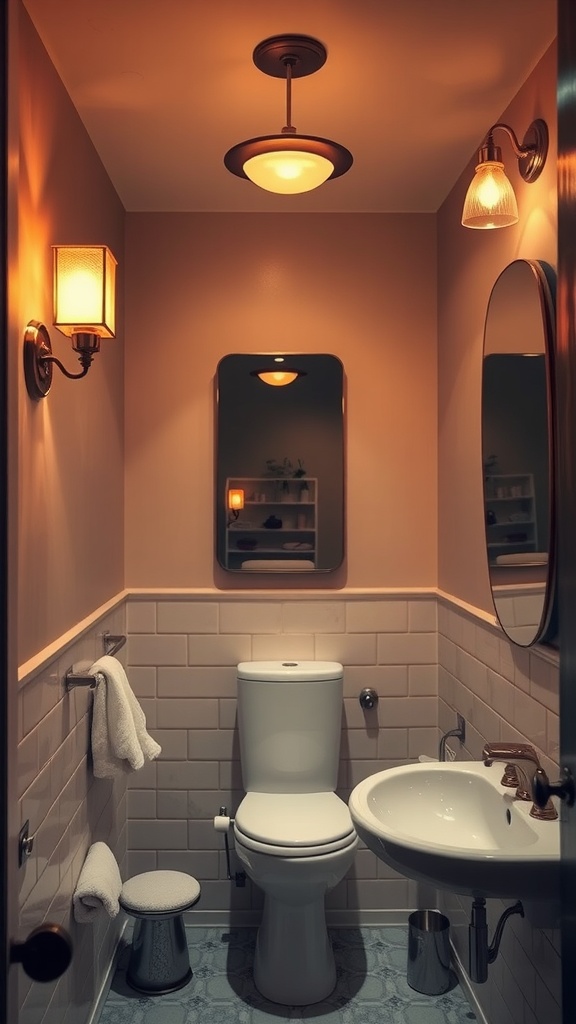 A cozy bathroom with warm lighting from unique fixtures, including a ceiling light and wall sconces.