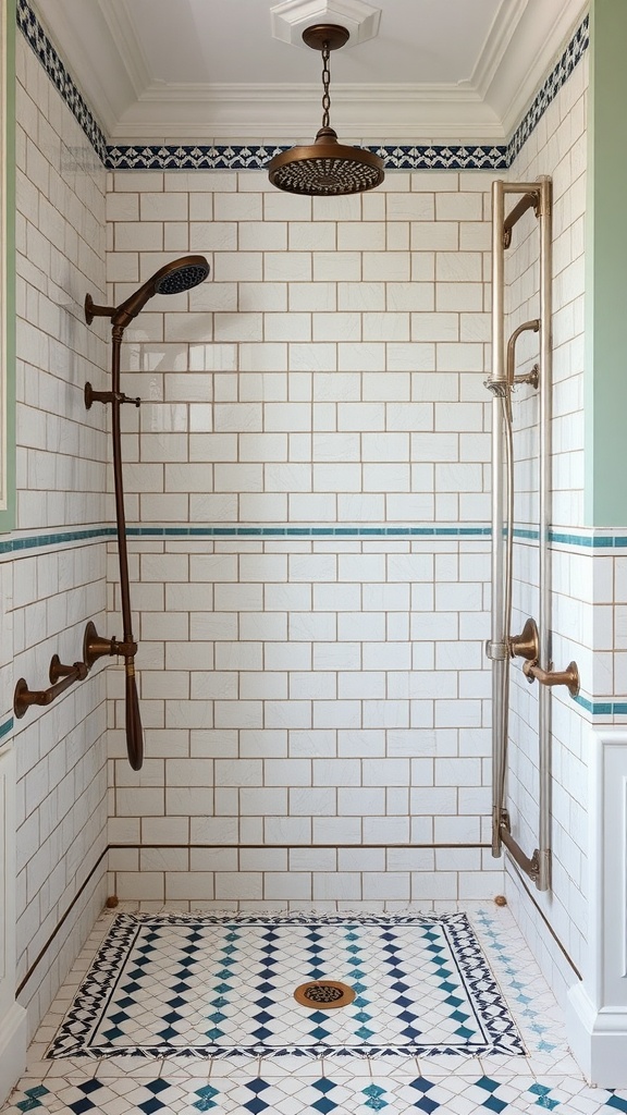 Victorian bathroom shower with intricate patterned floor tiles and bronze fixtures