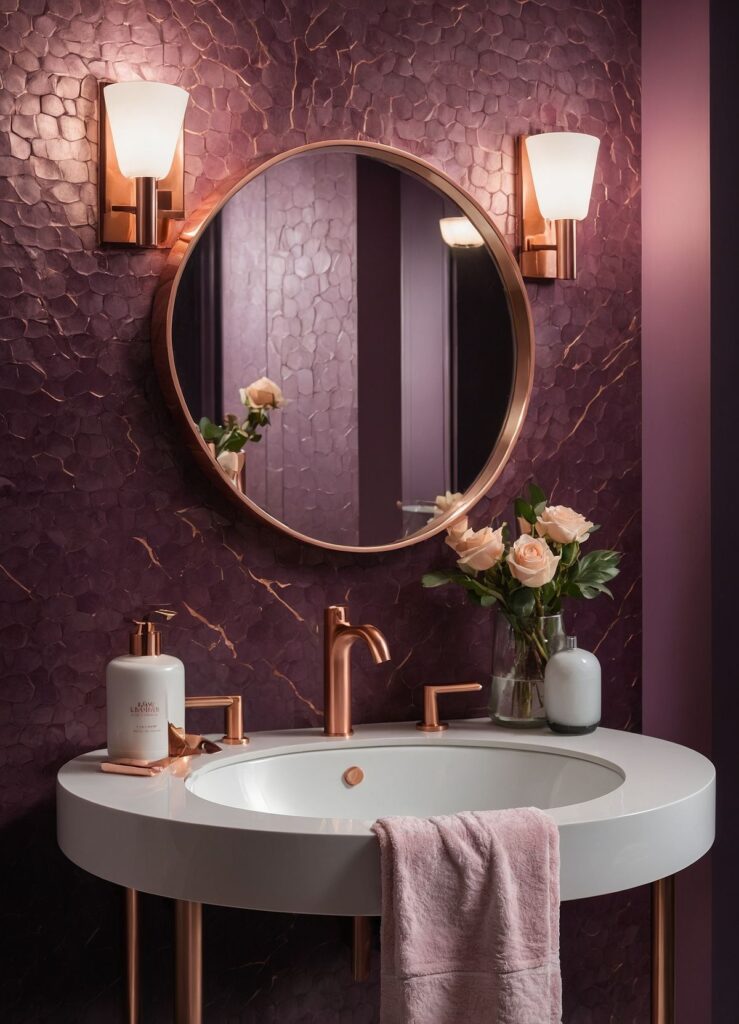 Mauve bathroom with gold fixtures, gold lighting, gold towel holder, and a small plant on the sink.