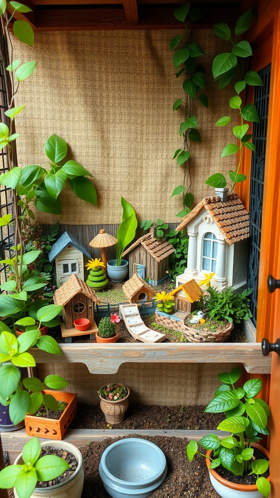 A beautifully arranged fairy garden on a small balcony, featuring miniature houses, greenery, and decorative elements.