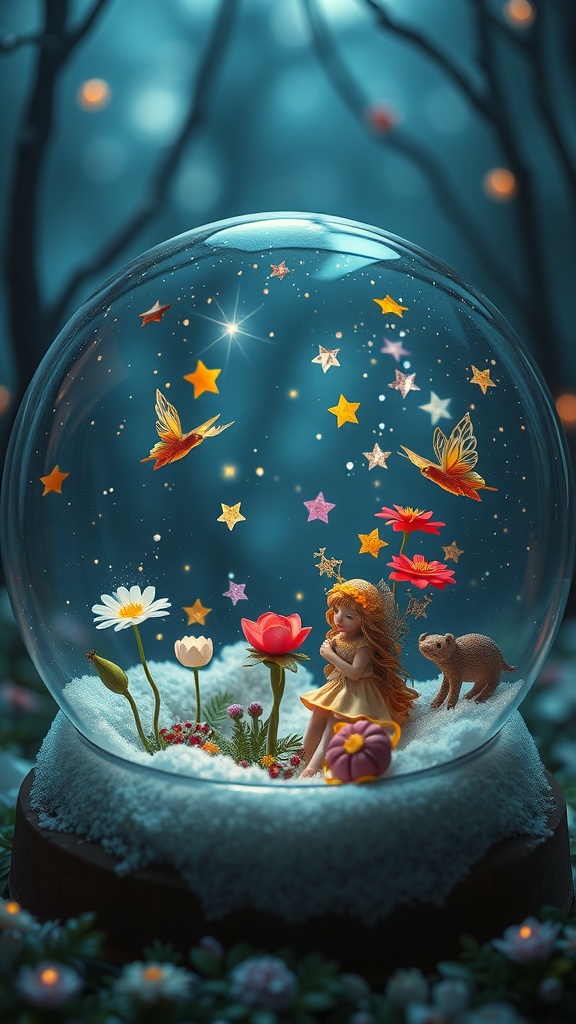 A whimsical snow globe featuring a fairy, colorful flowers, butterflies, and stars in a magical garden setting.