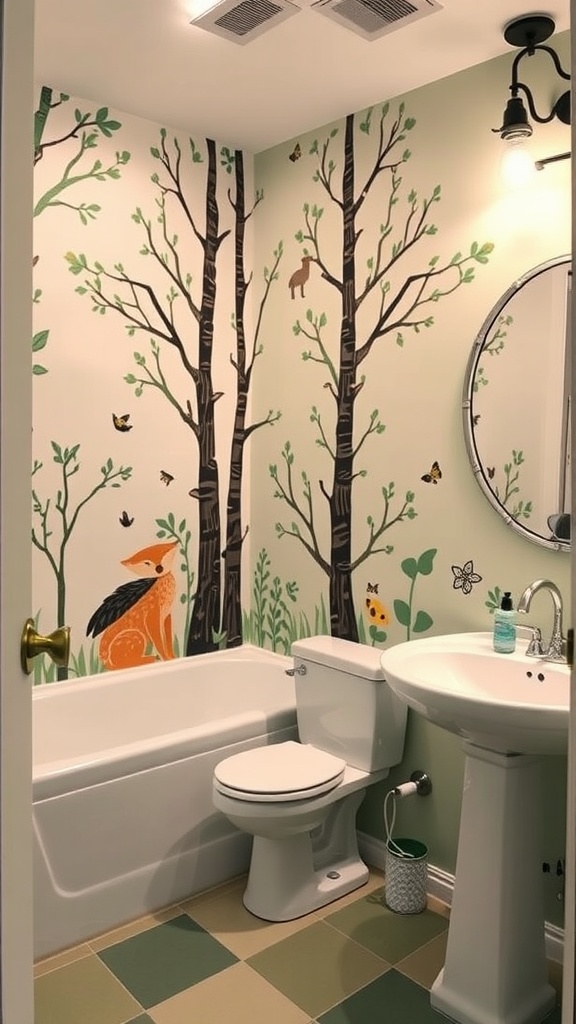 Kids bathroom with forest-themed mural, featuring trees and a fox.