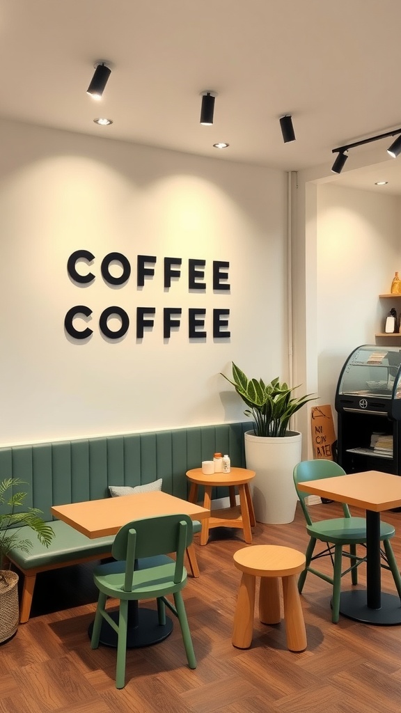 A cozy family-friendly coffee space with soft lighting, green and wooden furniture, and a prominent 'COFFEE' sign on the wall.