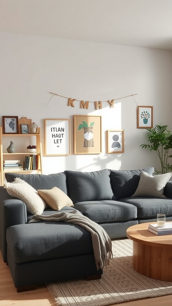 A cozy living room featuring a dark gray couch, decorative cushions, wooden coffee table, and framed art on the wall.