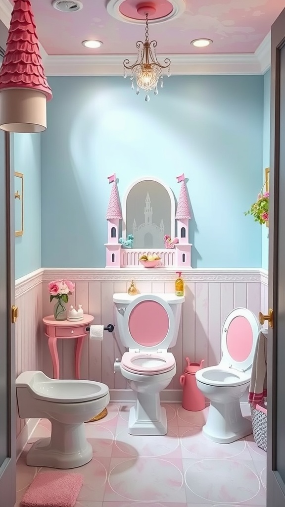 A kids' bathroom designed like a fantasy castle, featuring a castle-themed mirror, pink toilets, and soft blue walls.