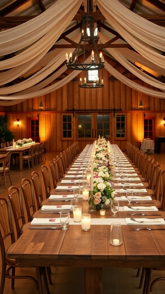 A rustic chic wedding table setting with floral centerpieces, candles, and elegant place settings.