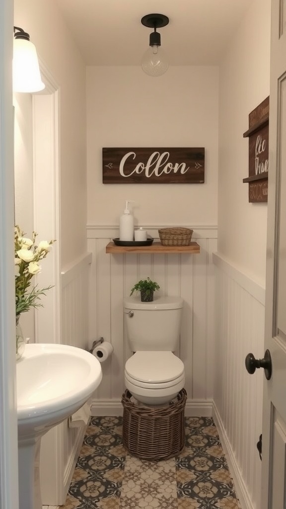 A modern farmhouse bathroom with a wooden sign displaying the name 'Collon', featuring stylish decor elements.