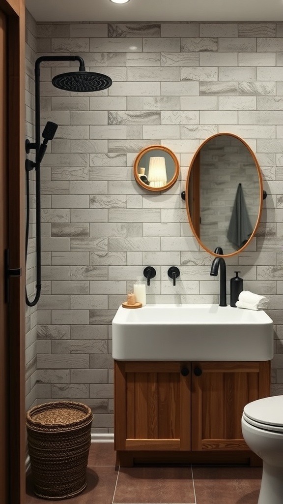 A stylish bathroom featuring a farmhouse sink, black fixtures, wooden cabinetry, and textured wall tiles.