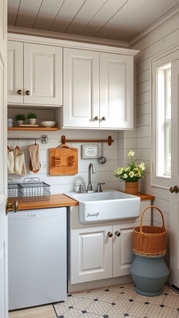 Cozy farmhouse style laundry room with white cabinets and wooden countertop