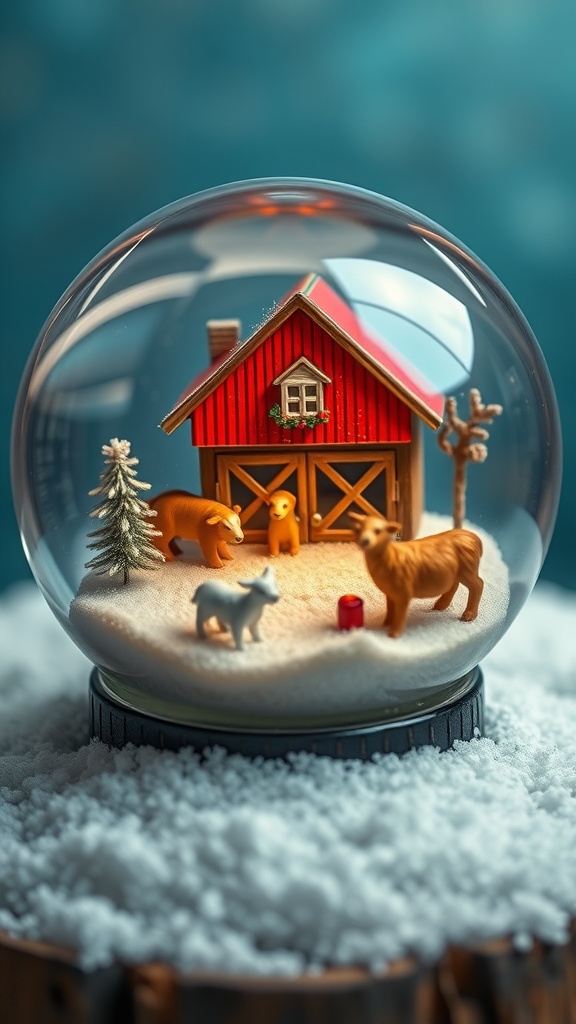 A snow globe featuring a red barn with farm animals inside, surrounded by faux snow.