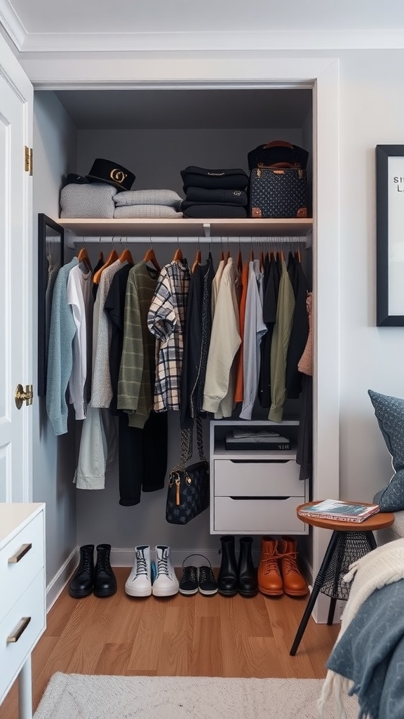 A stylish, organized wardrobe with hanging clothes and neatly arranged shoes in a modern teen boy's bedroom.