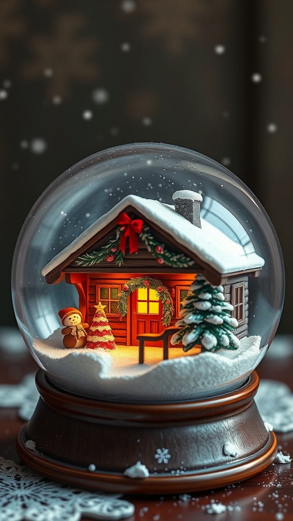 A festive holiday scene inside a snow globe featuring a cozy cabin, snowman, Christmas tree, and falling snow.