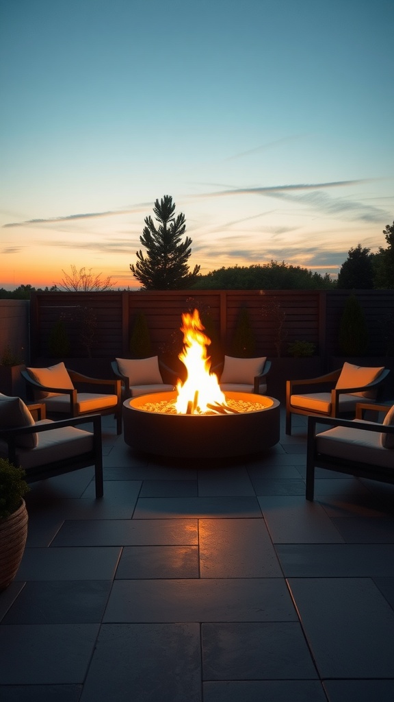 A modern terrace featuring a circular fire pit surrounded by chairs, with a beautiful sunset in the background.