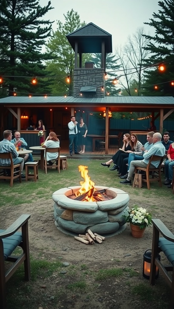 Cozy fire pit surrounded by guests enjoying an evening gathering