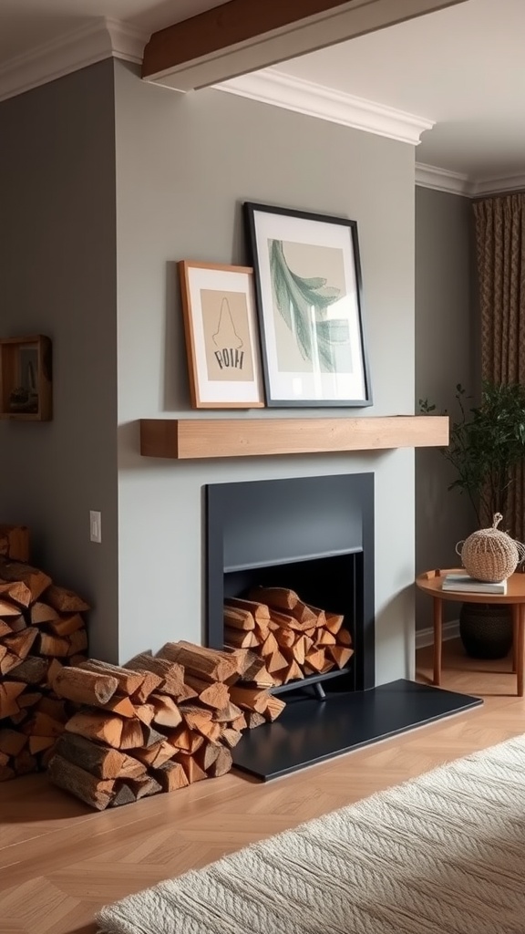 A cozy living room featuring neatly stacked firewood beside a fireplace, framed artwork on the wall, and a warm color palette.