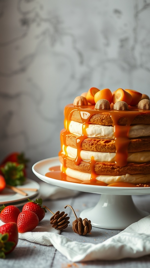 A flan-inspired wedding cake with caramel drizzle and fresh strawberries