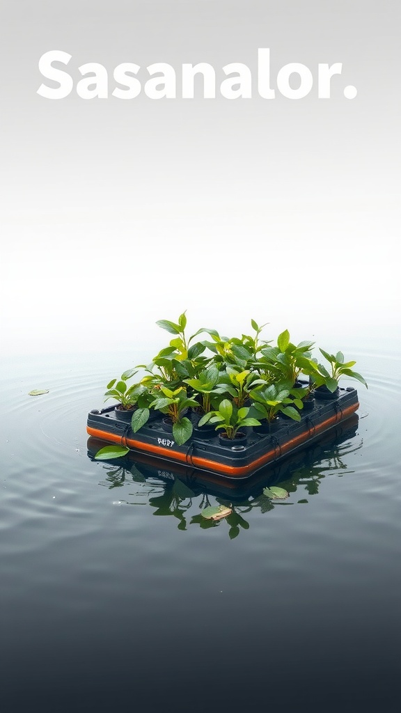 A floating hydroponic raft with green plants on water