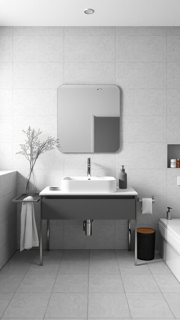 A modern grey and white bathroom featuring a stylish floating vanity with a vessel sink.