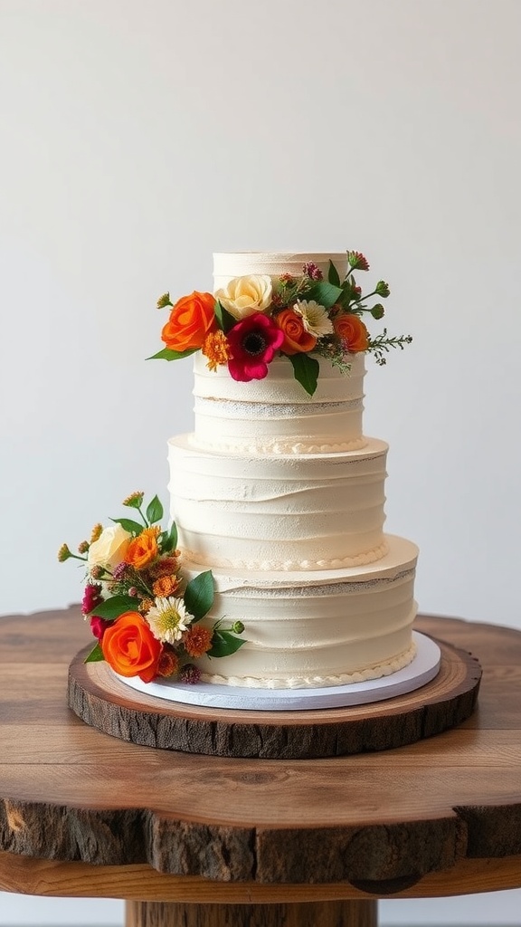 A three-tiered wedding cake decorated with colorful flowers on a wooden stand.