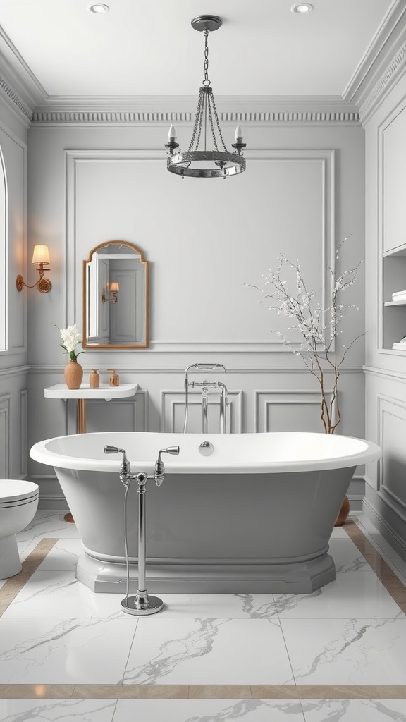 Stylish freestanding bathtub in a grey and white bathroom with elegant decor