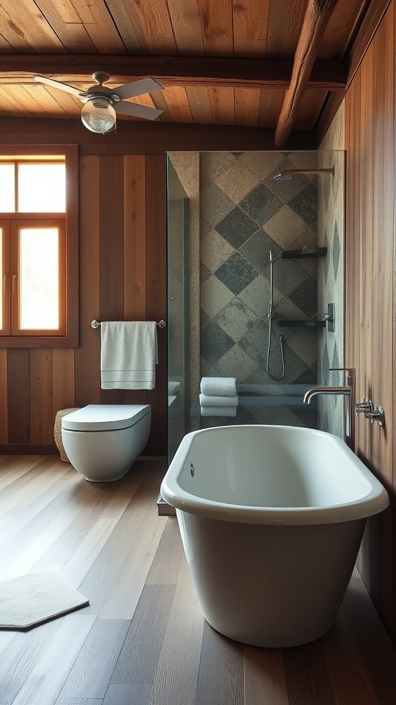 A rustic bathroom featuring a freestanding bathtub, wooden walls, and a walk-in shower.