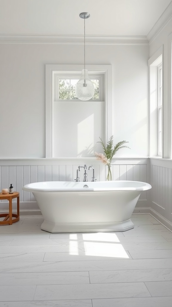 Modern farmhouse bathroom with a freestanding bathtub, natural light, and minimalistic decor.