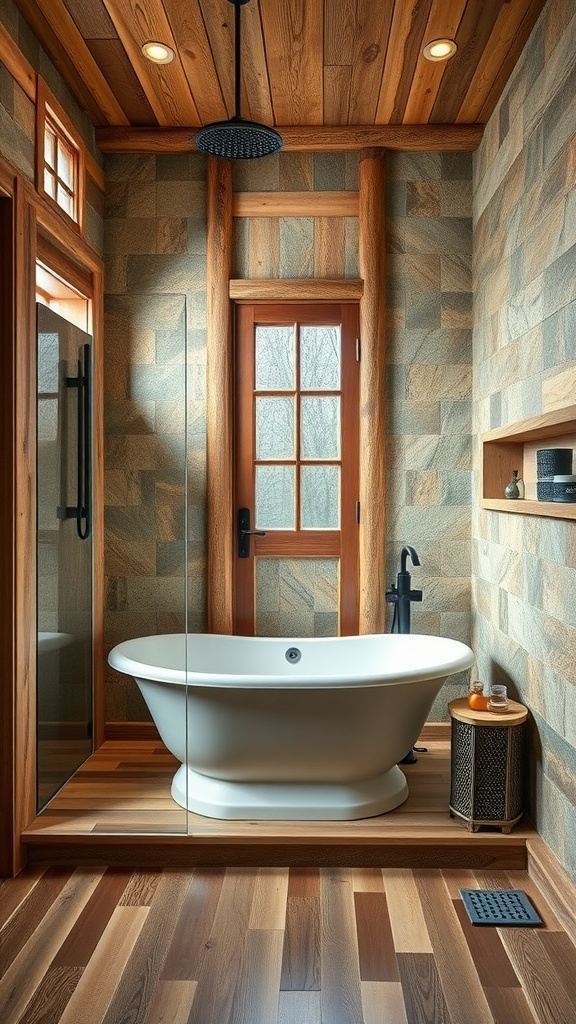 A rustic bathroom featuring a freestanding white tub within a glass shower area, surrounded by wooden walls and ceiling.