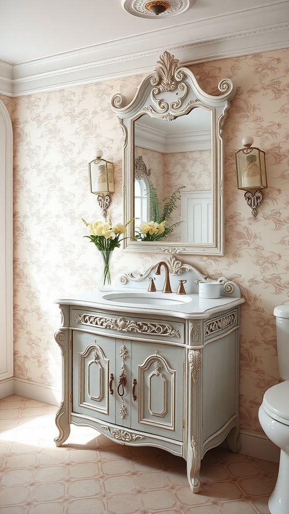 A Victorian-style freestanding vanity in a bathroom with intricate carvings and a mirror.