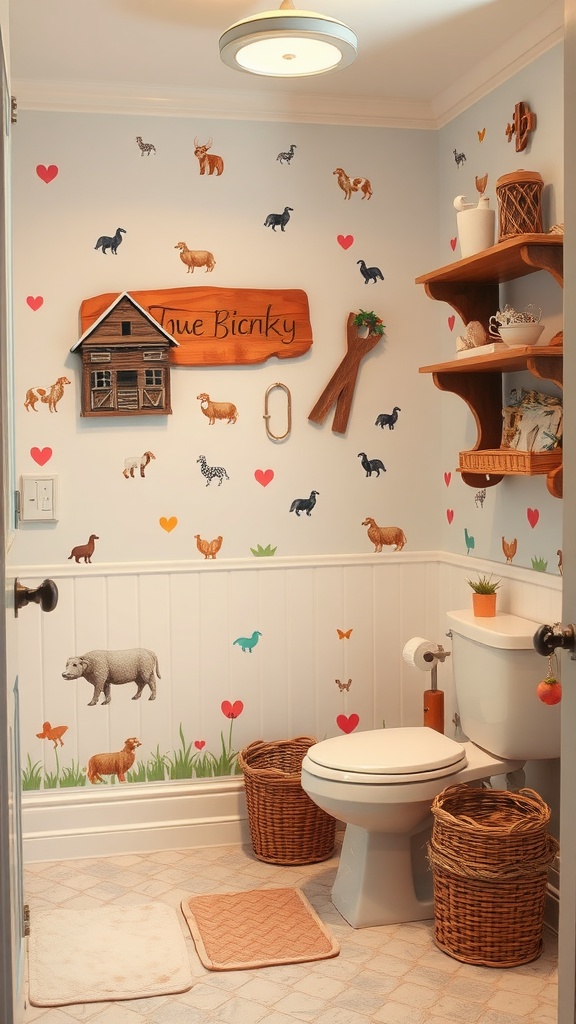 A kids bathroom decorated with friendly farm animal decals and rustic wooden elements.