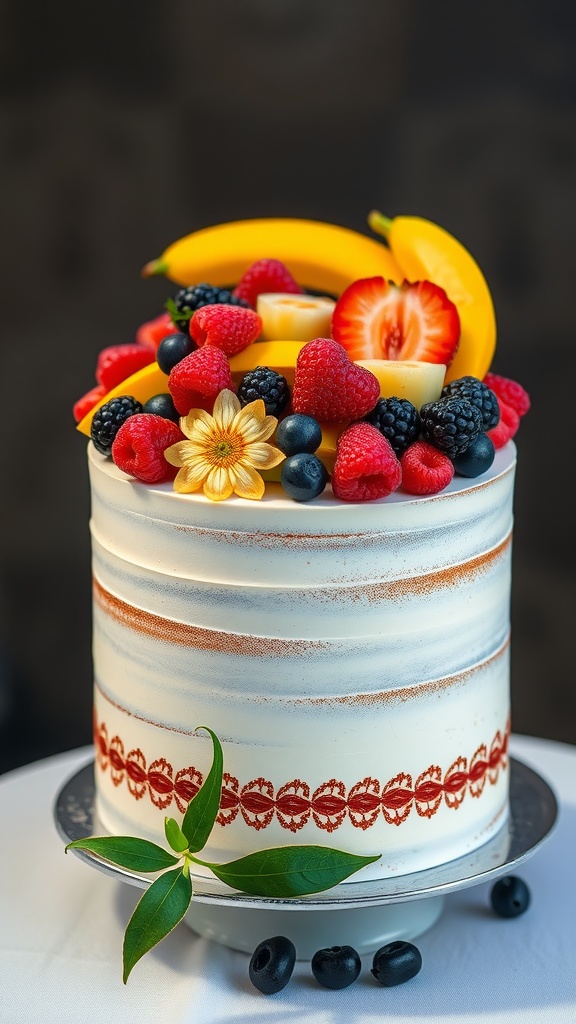 A wedding cake topped with various fruits including strawberries, bananas, raspberries, and blueberries, decorated with a flower.