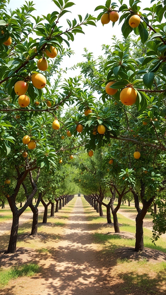 A vibrant orchard with rows of fruit trees bearing yellow fruits along a dirt path.