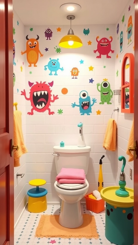 A colorful kids' bathroom featuring friendly monster decals on the walls, playful furniture, and bright accessories.