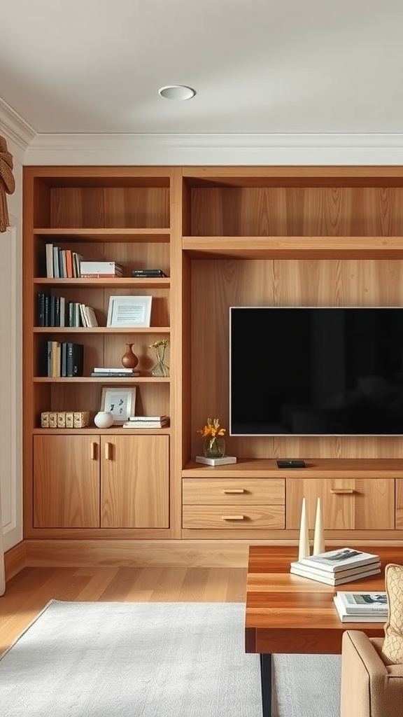 A wooden built-in shelf unit with a TV, books, and decorative items in a living room.