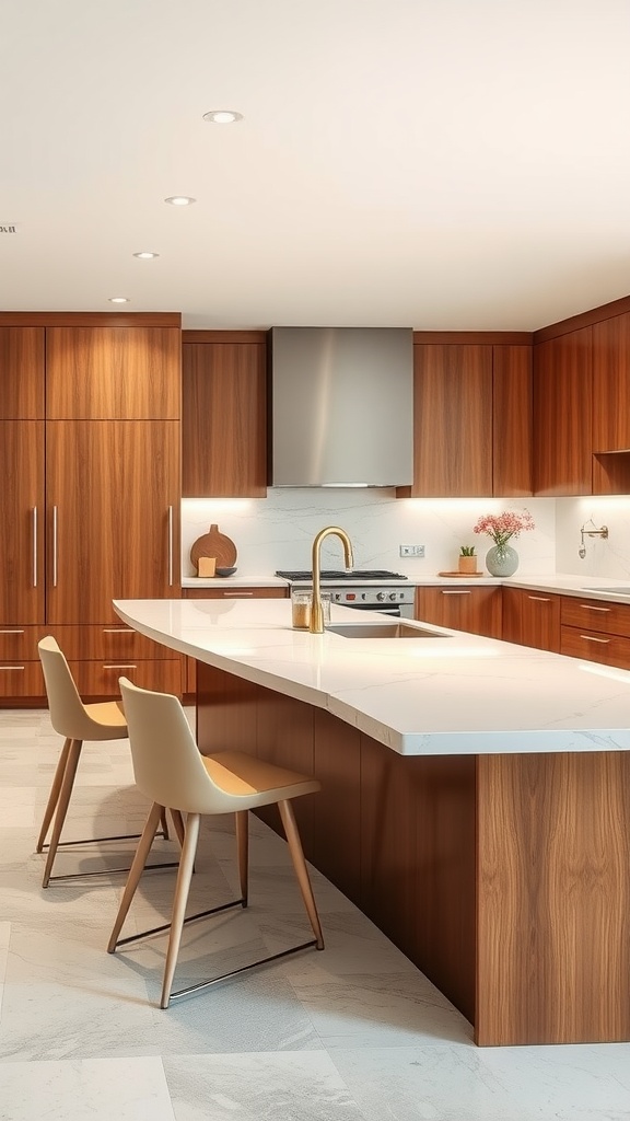 Modern kitchen island with two chairs and wooden cabinetry