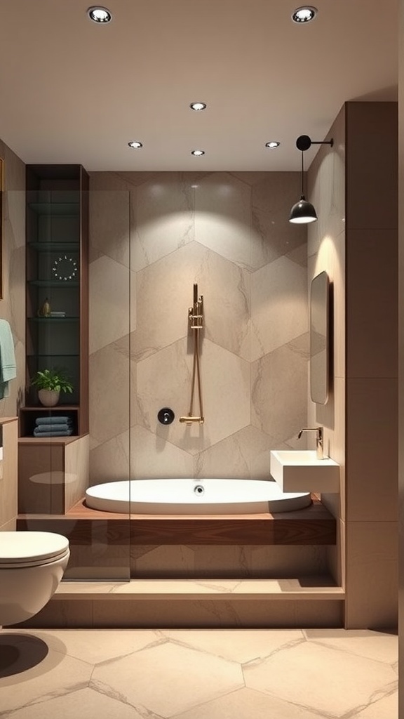 A modern luxury bathroom featuring a bathtub, shower, and stylish hexagonal tiles.