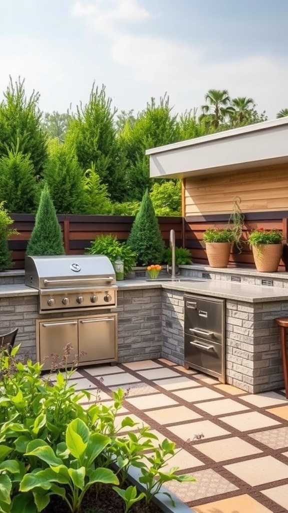 A stylish outdoor kitchen featuring a grill, stainless steel appliances, and greenery.