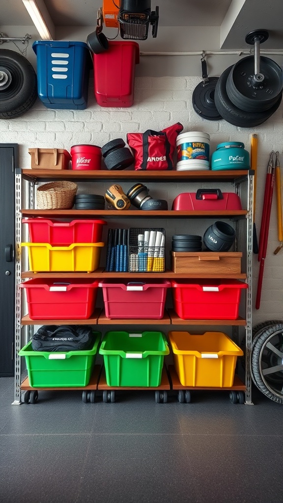 Organized garage gym with colorful storage bins on shelves.