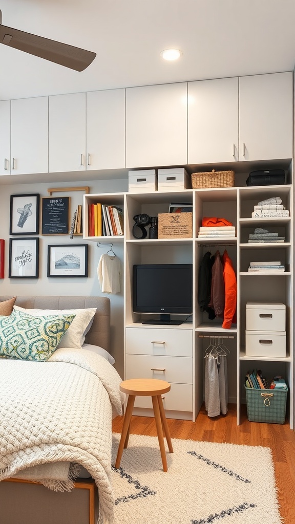 A modern teen boy bedroom featuring a stylish bed, organized shelving, and functional storage solutions.